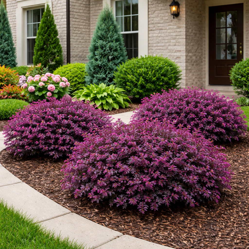 Purple flowering shrubs in a garden bed with a house in the background
