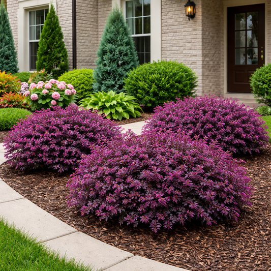 Purple flowering shrubs in a garden bed with a house in the background