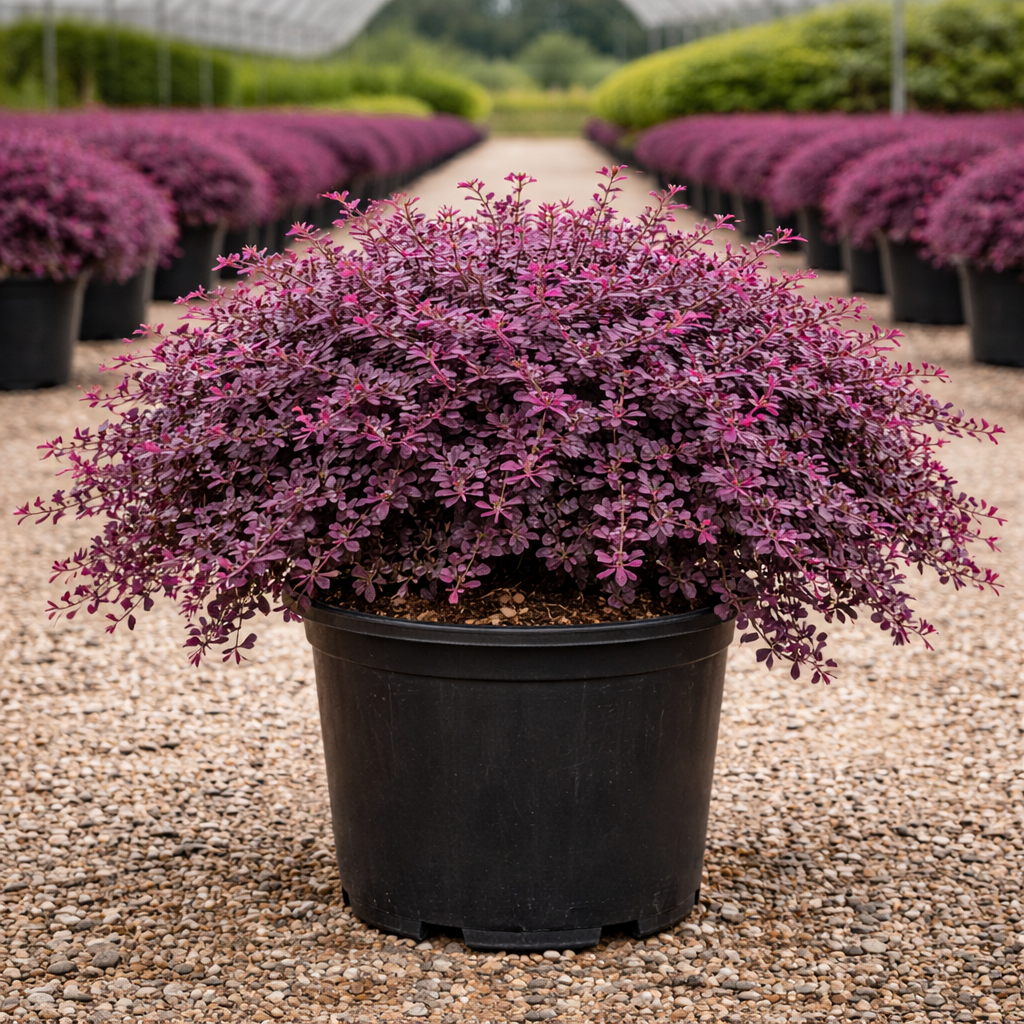 Row of potted purple plants in a nursery setting