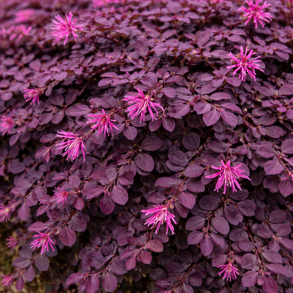 Close-up of a bush with purple leaves and pink flowers