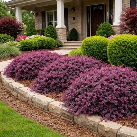 Purple shrubs in a garden bed with a house in the background