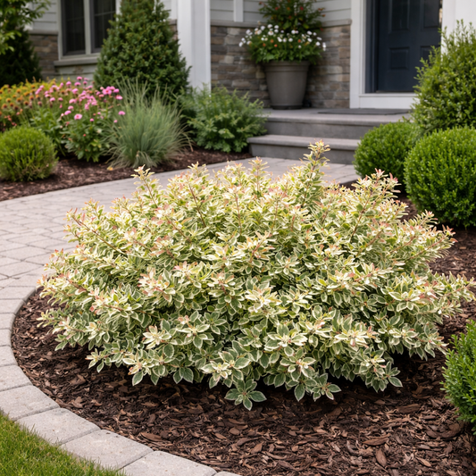 Lush green bush in a garden bed with a house in the background