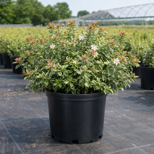 Potted plant with variegated leaves and small white flowers in a greenhouse setting.