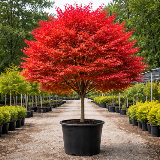 Potted tree with vibrant red foliage in a nursery setting