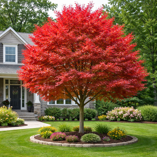 Red-leaved tree in a well-maintained garden with a house in the background