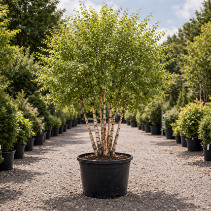 Potted tree in a nursery setting with other trees in the background