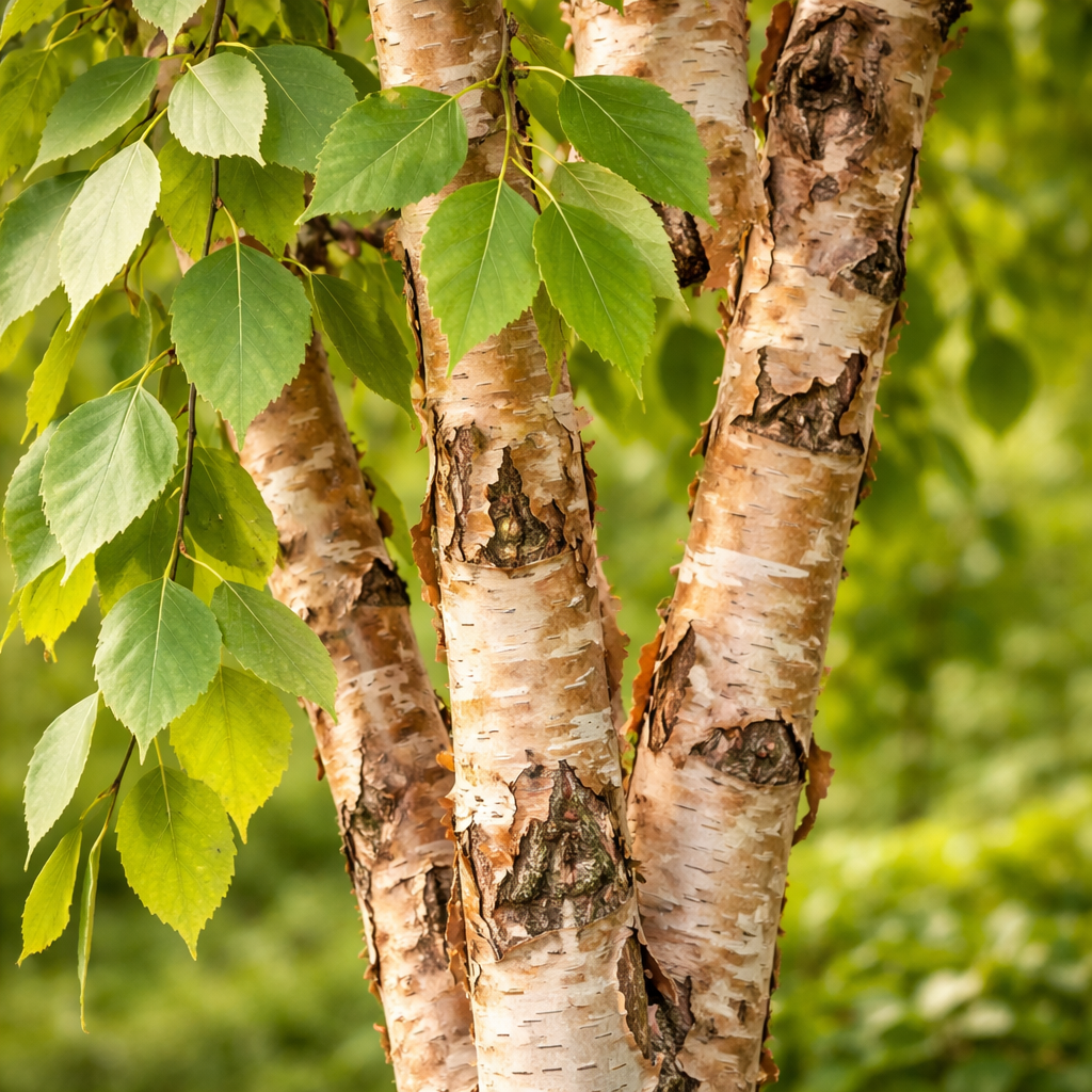 Close-up of birch tree trunks with green leaves on a blurred green background