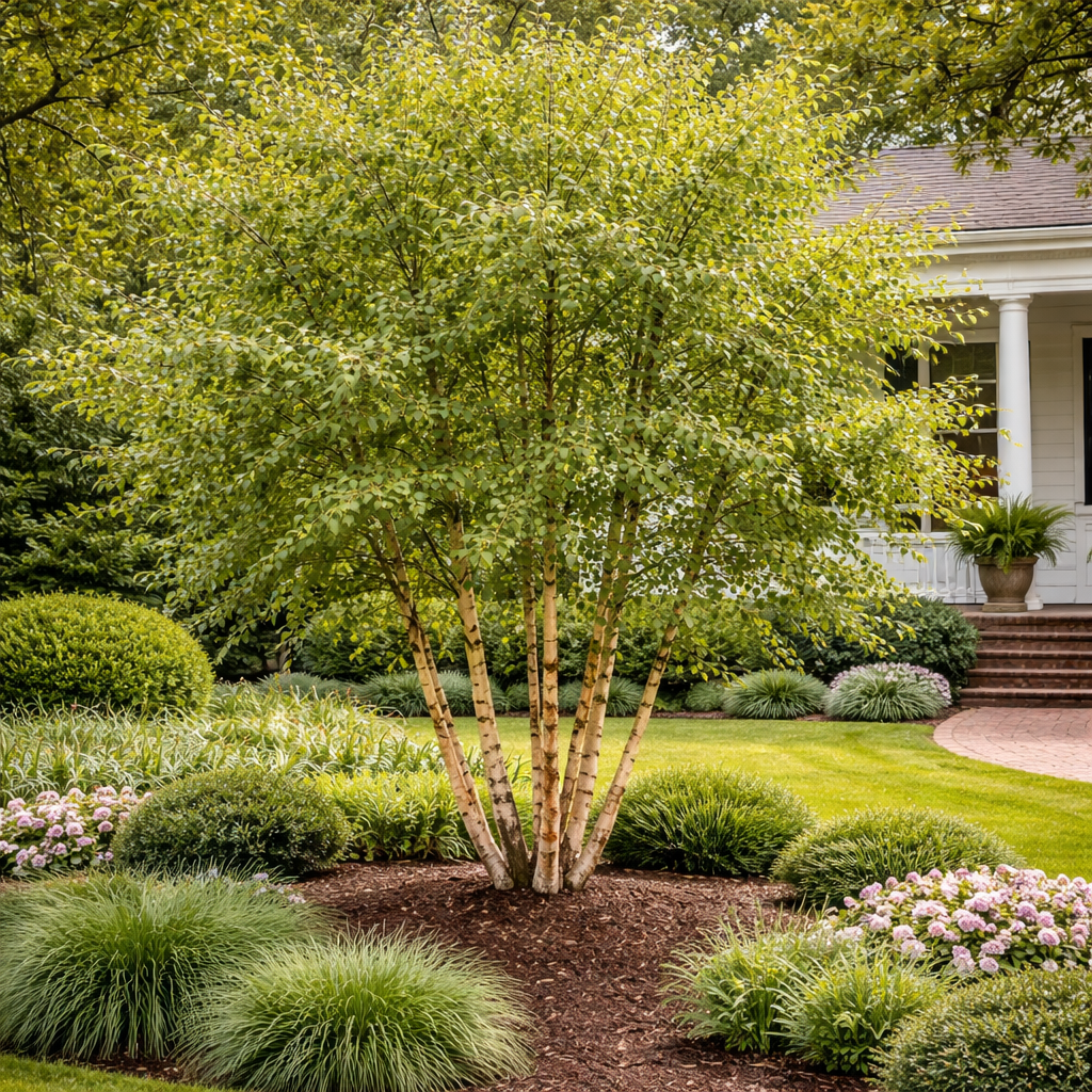 Lush garden with a tree and various plants in front of a house.