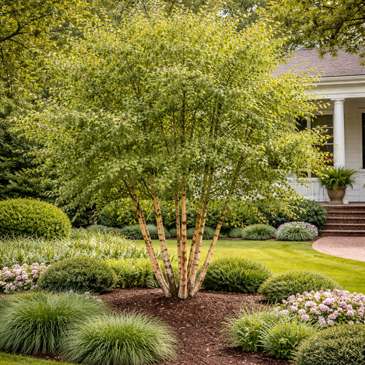 Lush garden with a tree and various plants in front of a house.