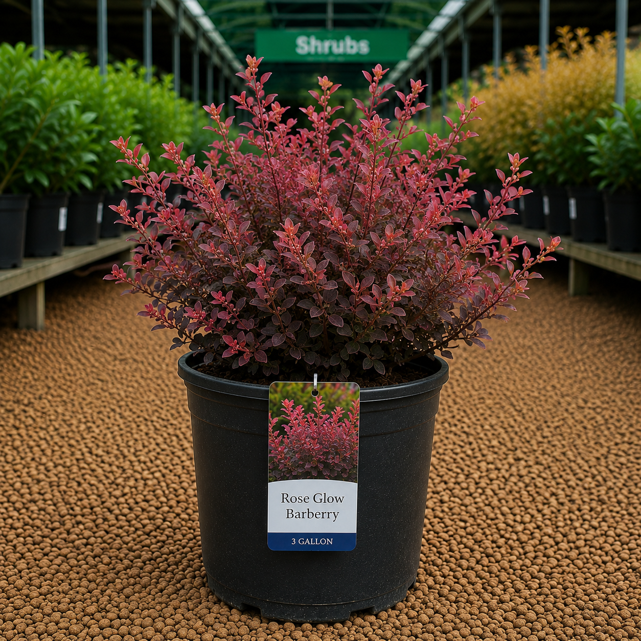 Potted barberry plant labeled 'Rose Glow Barberry' in a nursery setting