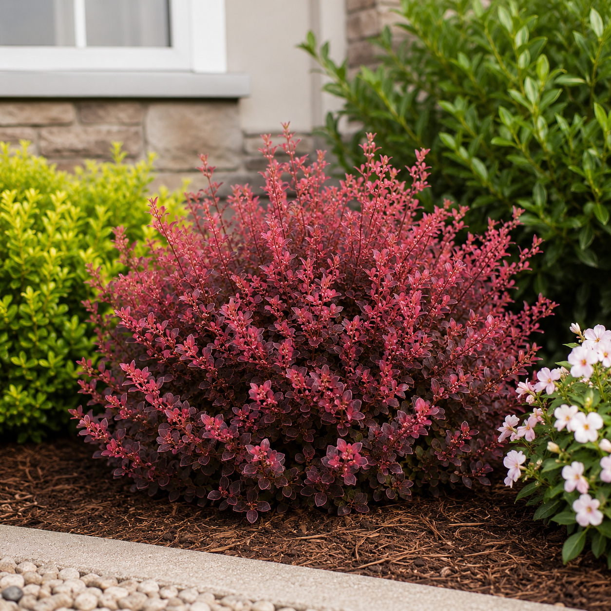 Bush with pinkish-red foliage in a garden setting with other plants and a building in the background.