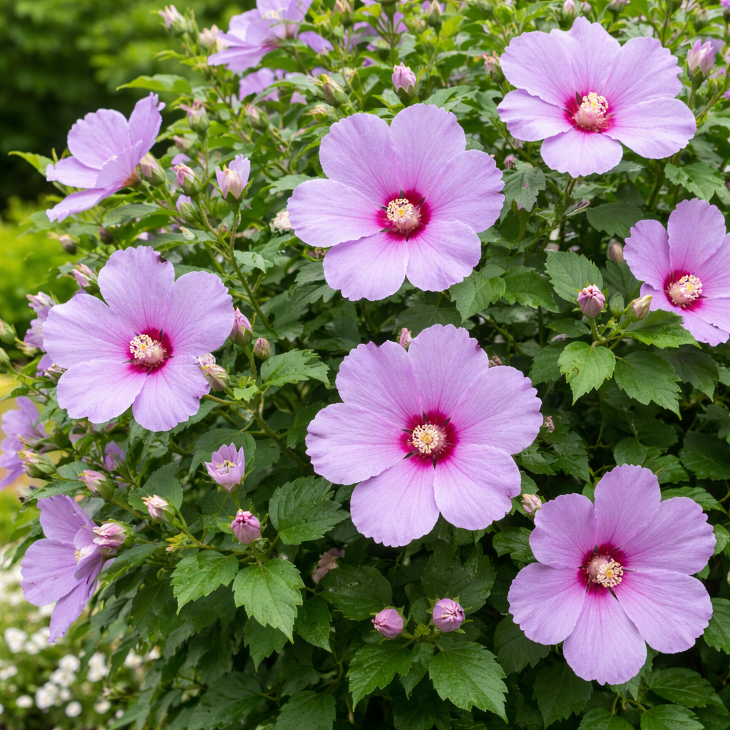 Cluster of pink flowers with green leaves in a garden setting