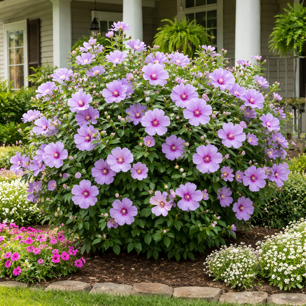 Bush of purple flowers in a garden setting with a house in the background