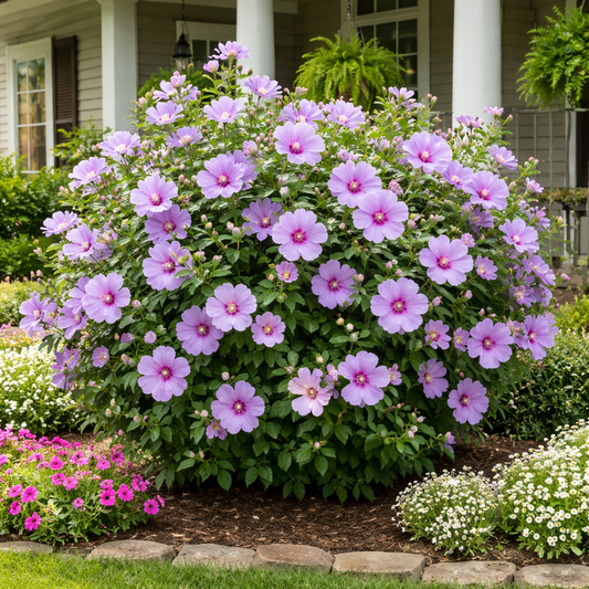 Bush of purple flowers in a garden setting with a house in the background