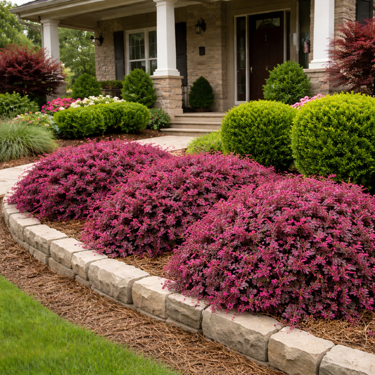 Lush garden with pink flowering shrubs and green bushes in front of a house.