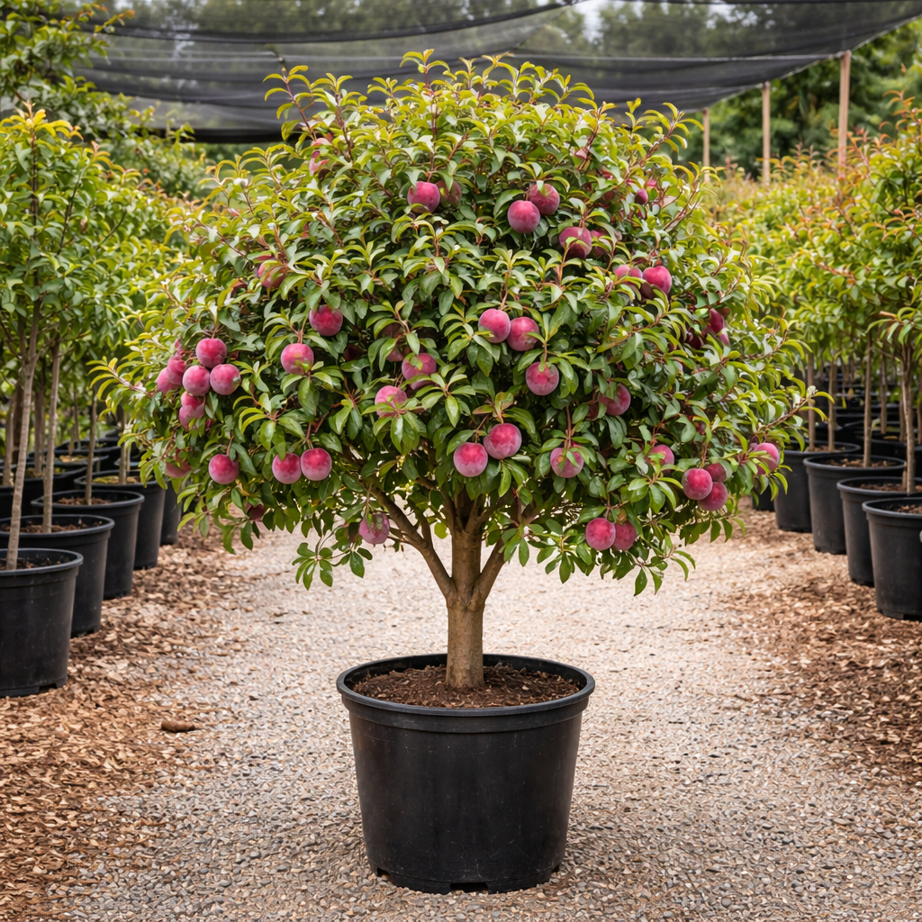 Potted tree with pink flowers in a nursery setting