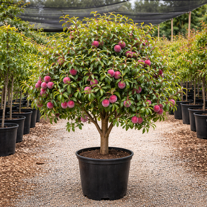 Potted tree with pink flowers in a nursery setting
