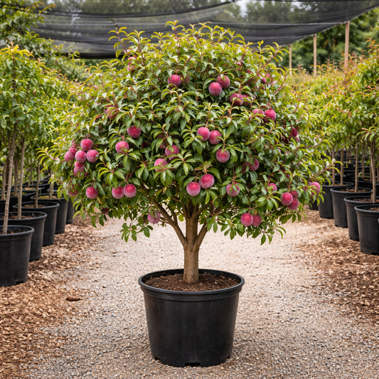 Potted tree with pink flowers in a nursery setting
