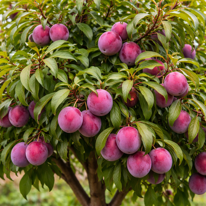 Plum tree with ripe plums hanging from the branches