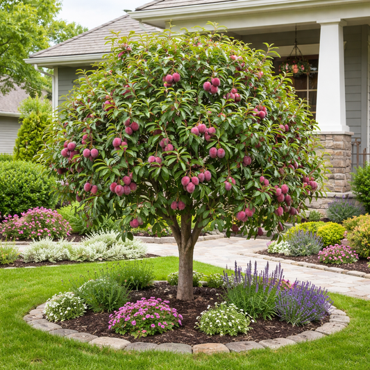 Tree with pink flowers in a garden setting with a house in the background