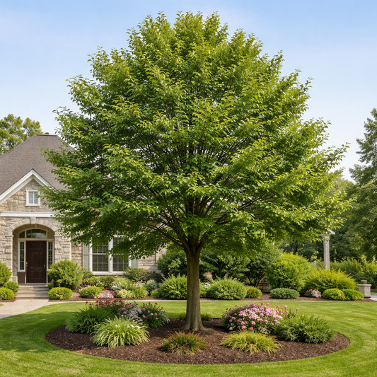 Lush green tree in a well-maintained garden with a house in the background