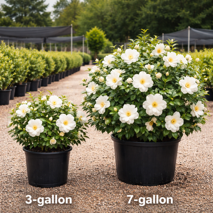 Two potted plants, one labeled 3-gallon and the other 7-gallon, with white flowers in a garden setting.