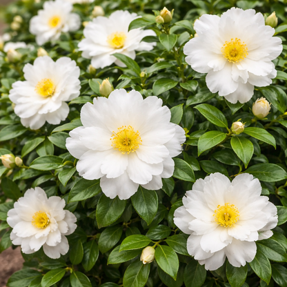 White flowers with yellow centers on a green bush