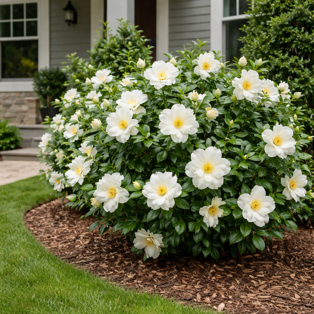 Bush with white flowers in a garden setting