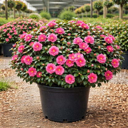 Potted plant with pink flowers in a garden setting