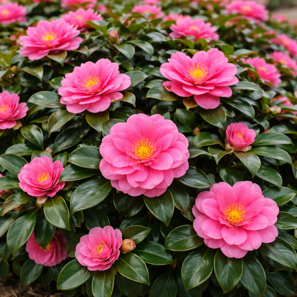 Cluster of pink flowers with green leaves