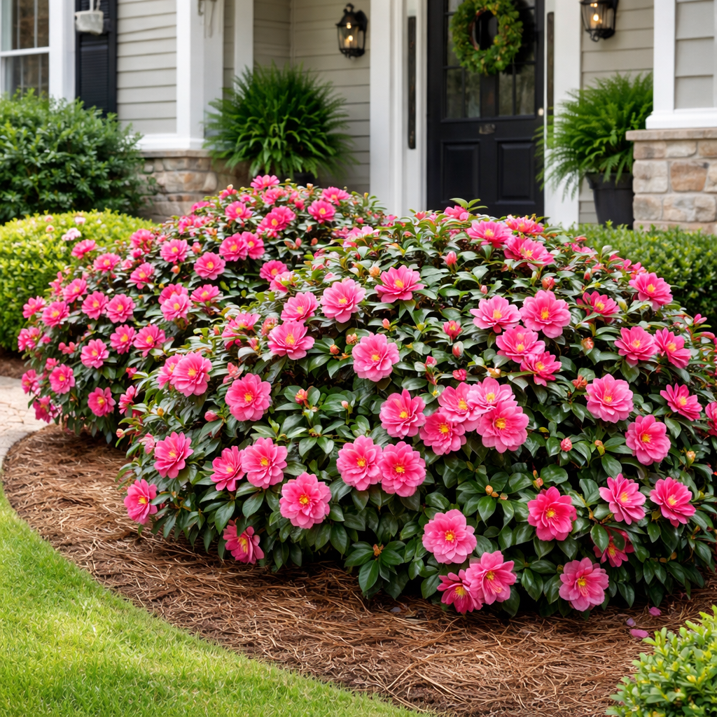 Bush of pink flowers in a garden bed with a house in the background