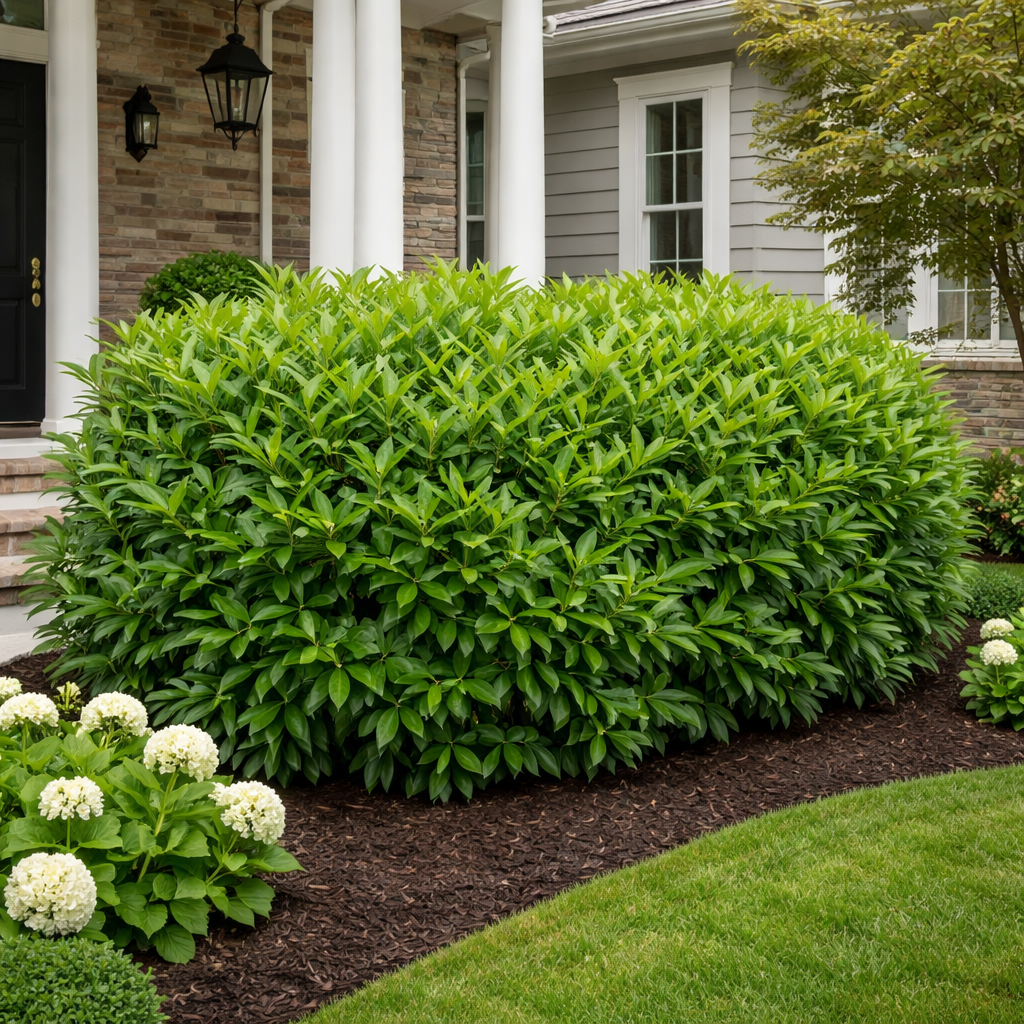 Large green bush in front of a house with white columns