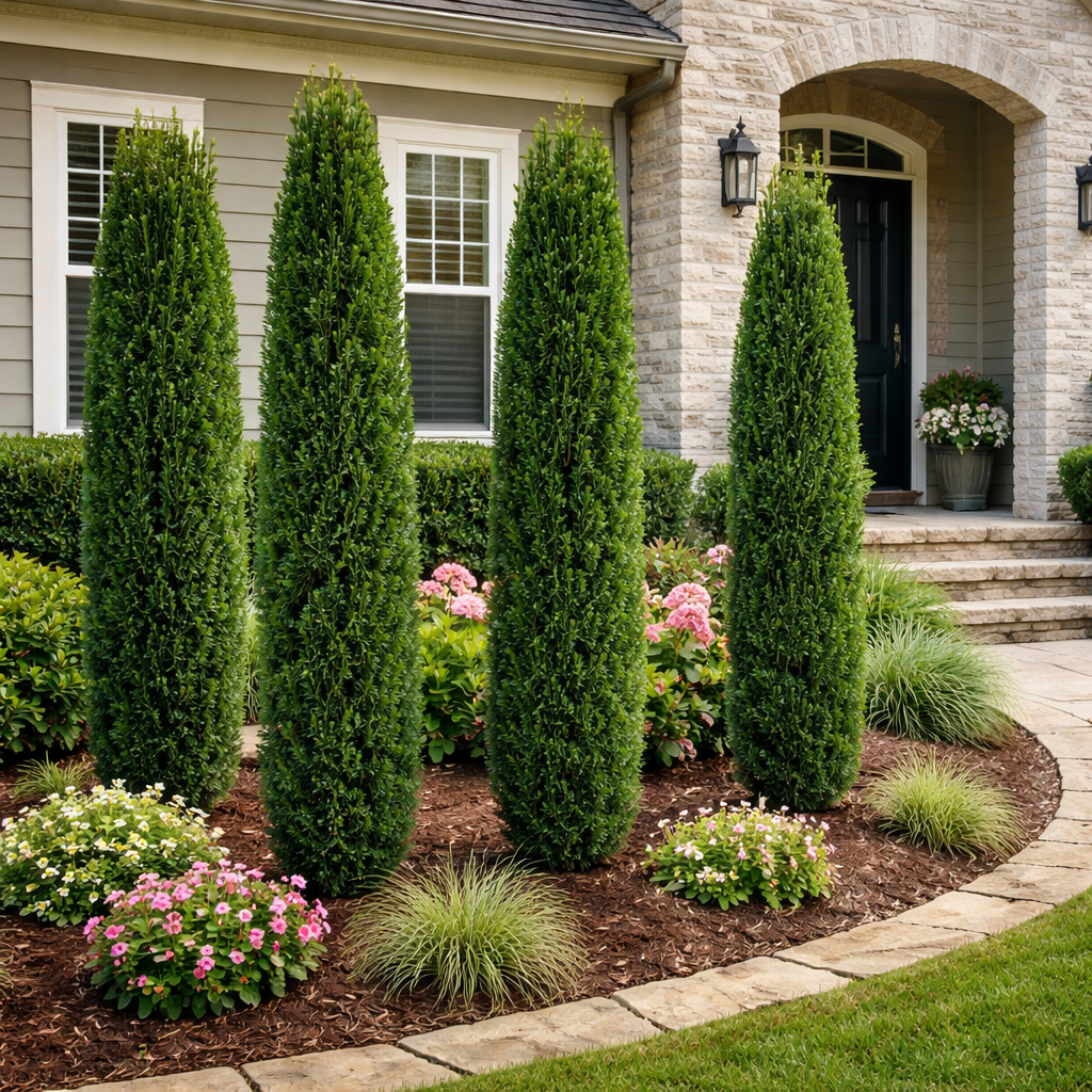 Four tall green shrubs in a garden bed with flowers and mulch in front of a house.