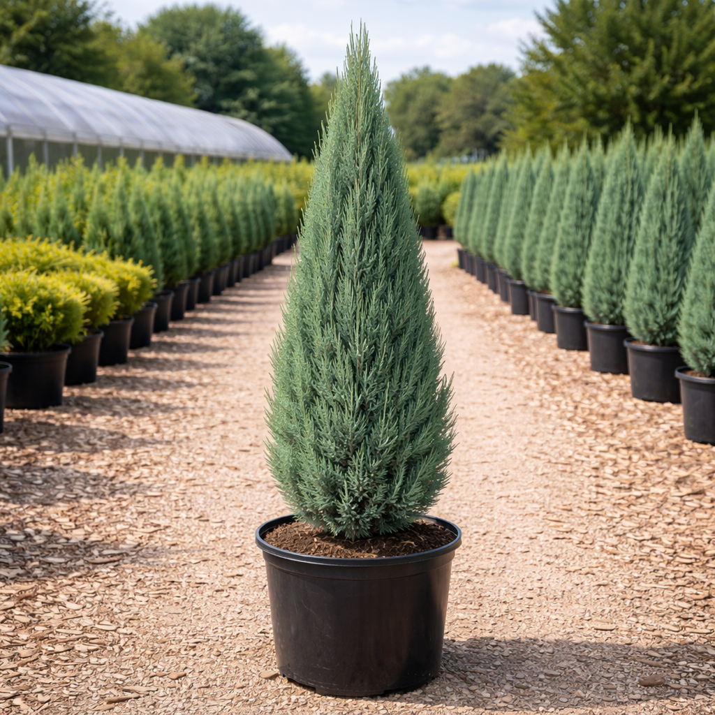 Potted conifer tree in a nursery setting with rows of other trees in the background.