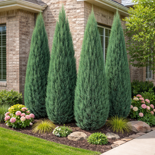 Four tall evergreen trees in a garden bed with flowers and rocks in front of a brick house.