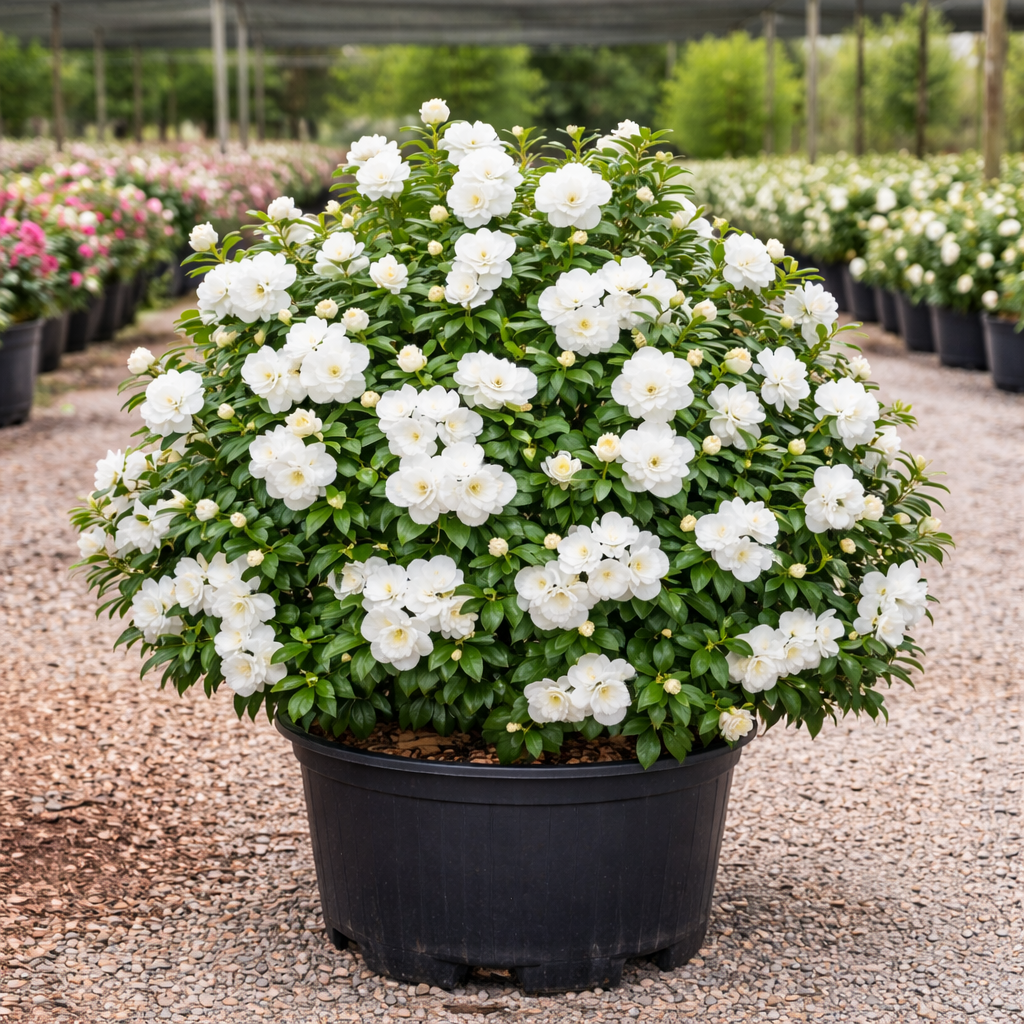 Potted plant with white flowers in a nursery setting