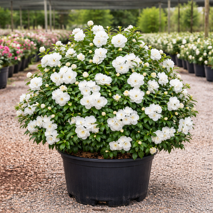 Potted plant with white flowers in a nursery setting