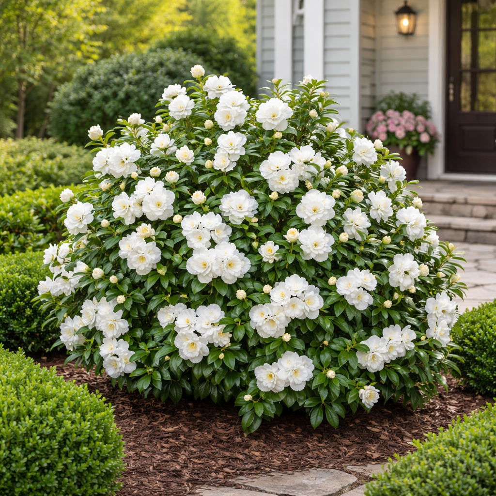 Bush with white flowers in a garden setting with a house in the background