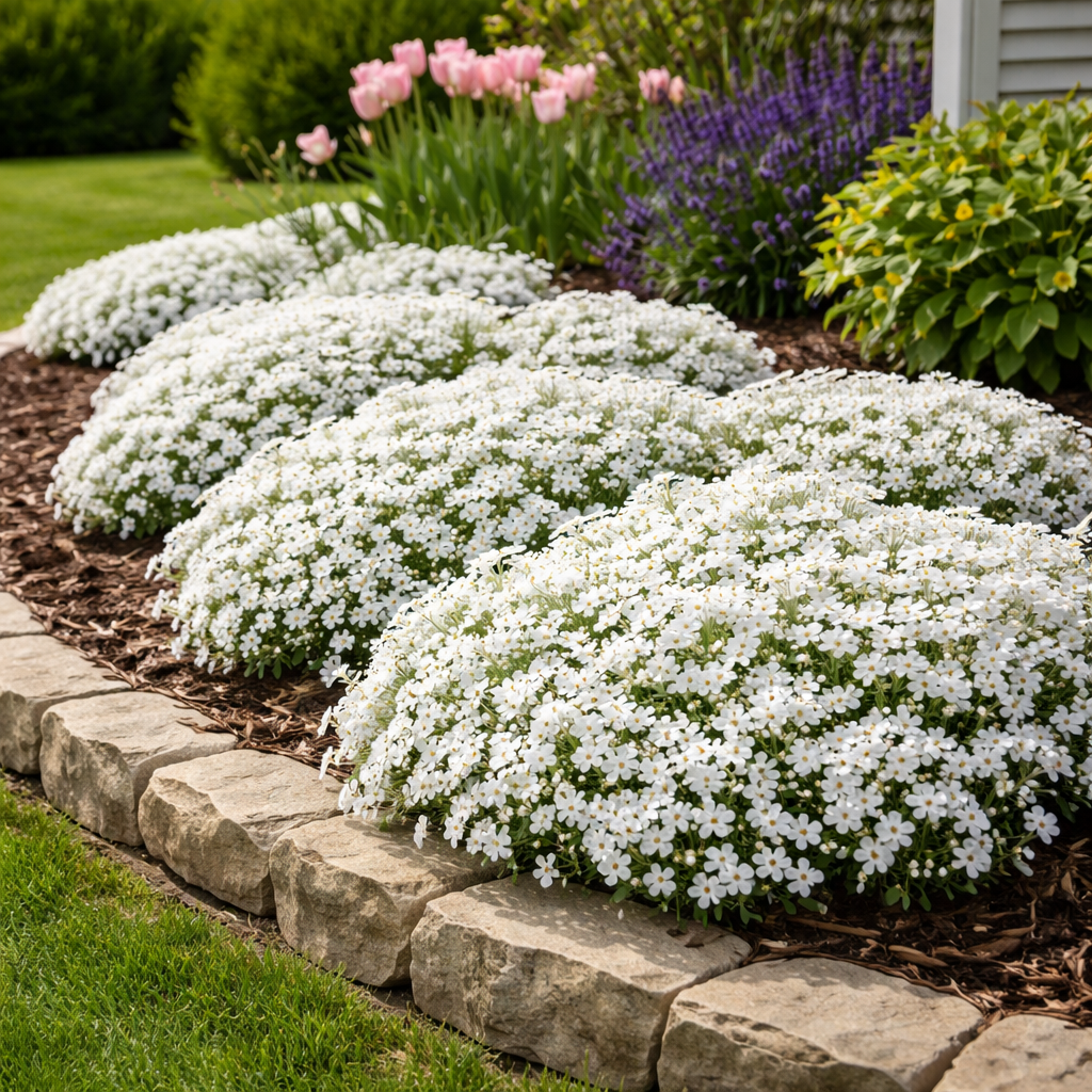 Row of white flowering plants in a garden bed with a stone border.