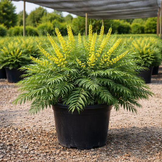 Potted plant with yellow flowers and green leaves in a garden setting