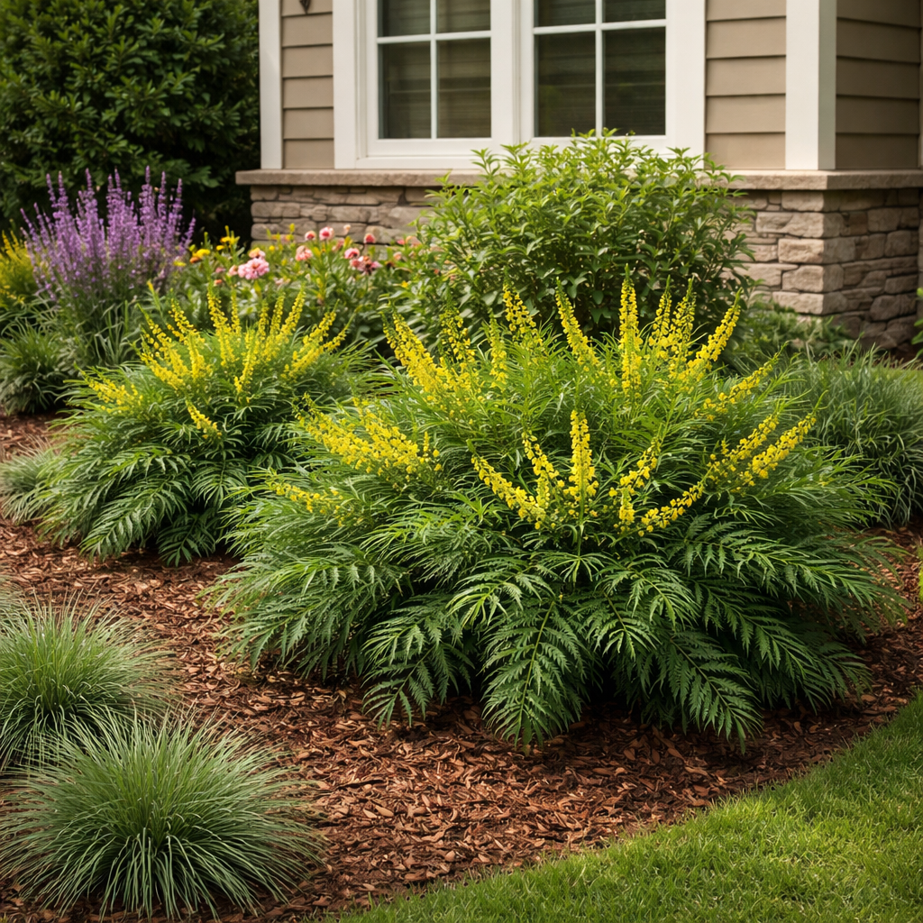Yellow flowering plants in a garden bed with a house in the background