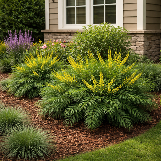Yellow flowering plants in a garden bed with a house in the background