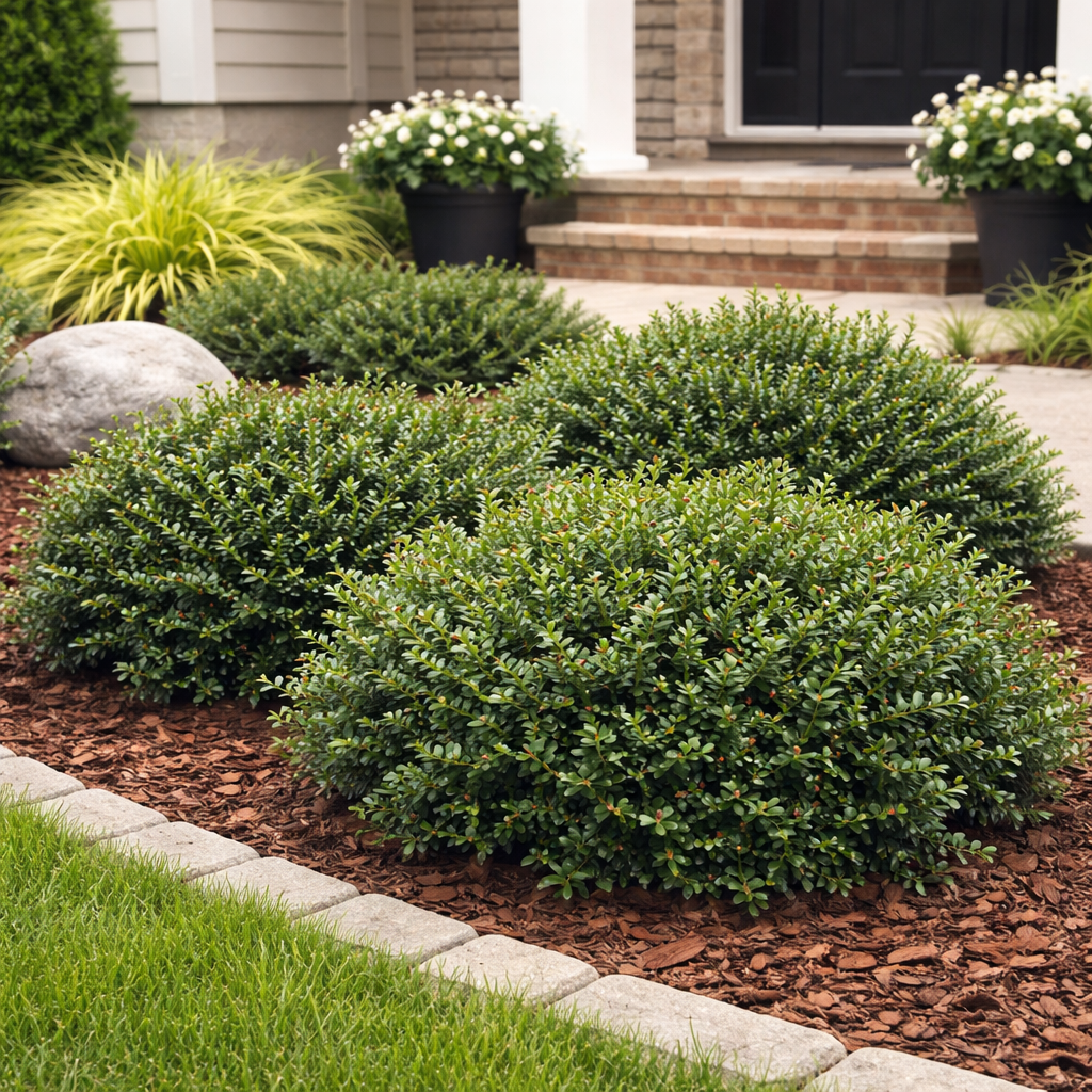Lush green shrubs in a garden bed with a house in the background