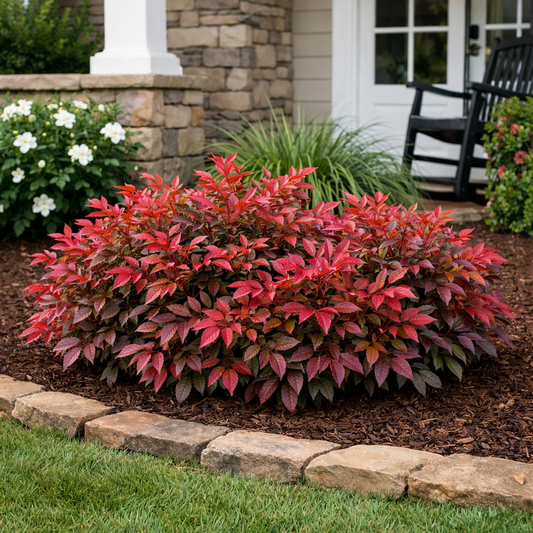 Red shrub in a garden bed with a house in the background
