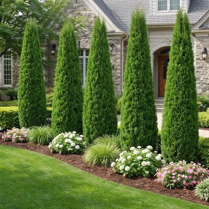 Neatly trimmed evergreen trees and flowering plants in front of a house.