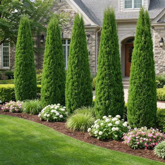 Neatly trimmed evergreen trees and flowering plants in front of a house.