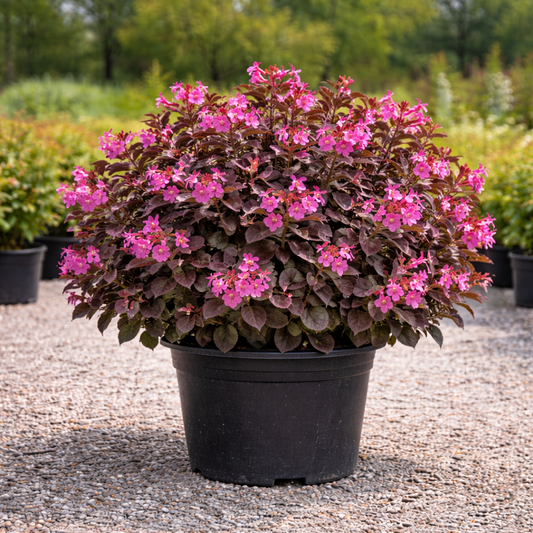 Potted plant with pink flowers in a garden setting