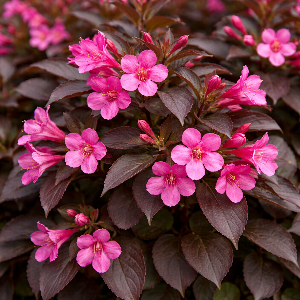 Close-up of pink flowers with dark green leaves