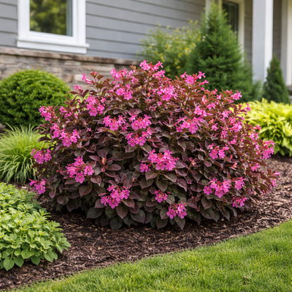 Bush with pink flowers in a garden setting with a house in the background