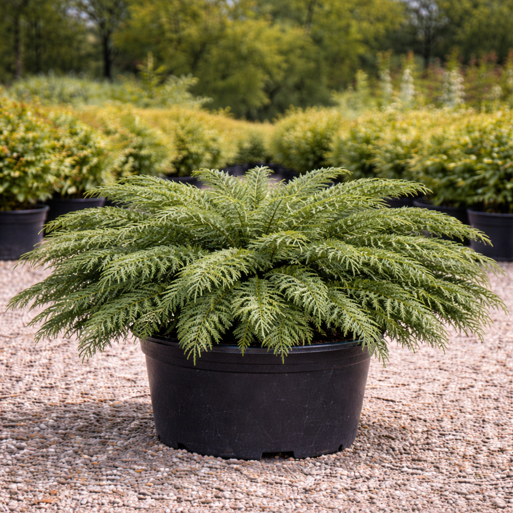 Potted fern plant in a garden setting with other plants in the background